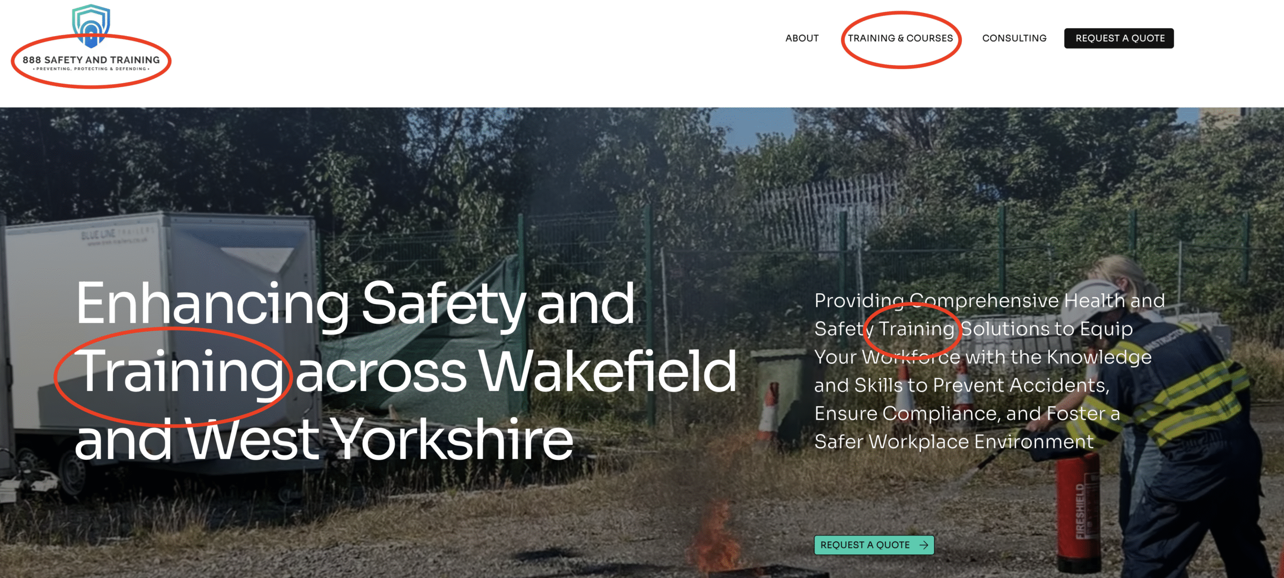 888 Safety Solutions Website with mentions of training highlighted